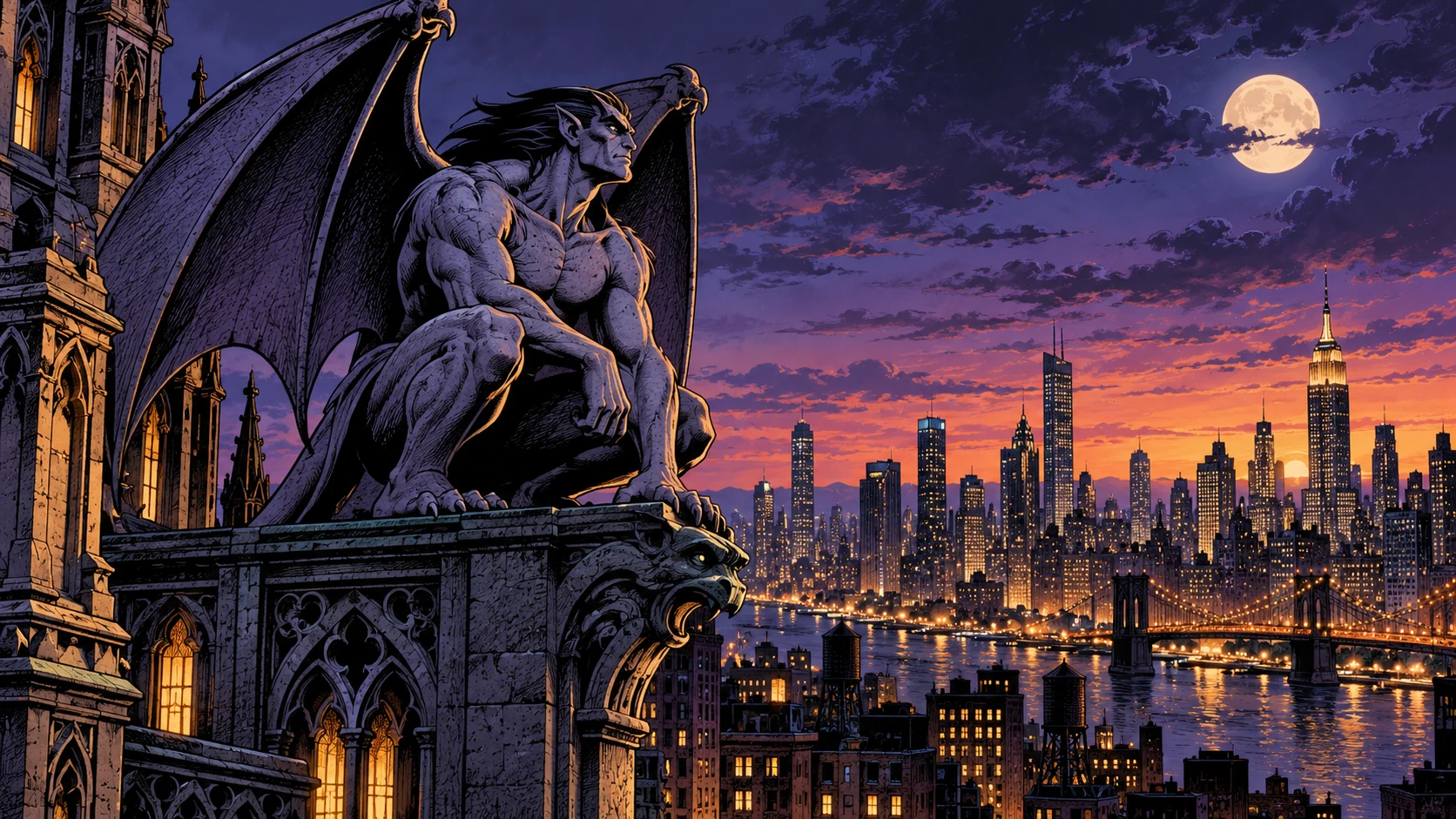Illustrated winged stone guardian overlooking Manhattan at twilight